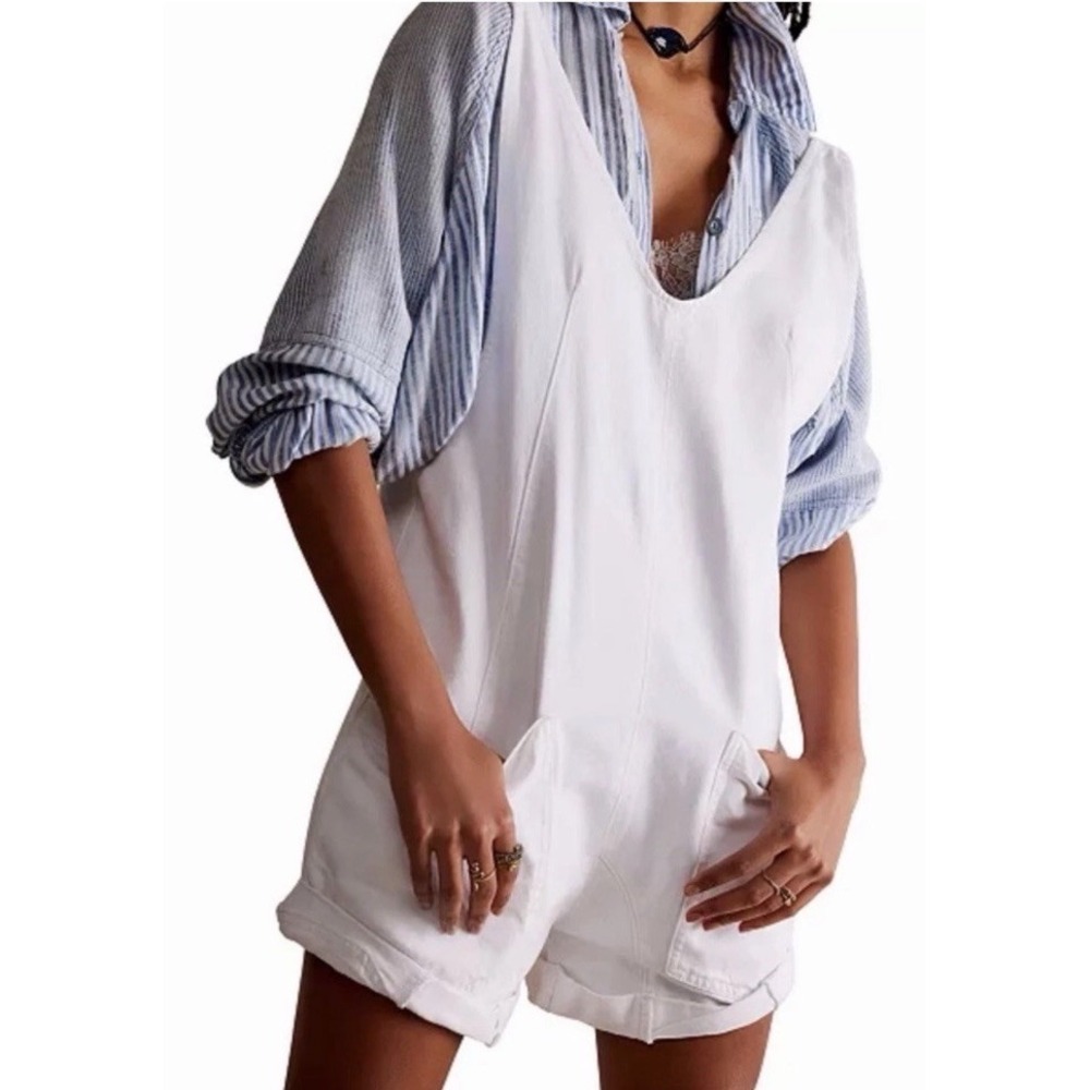 Free People We The Free XS High Roller Shortall Womens White Denim Cotton V Neck